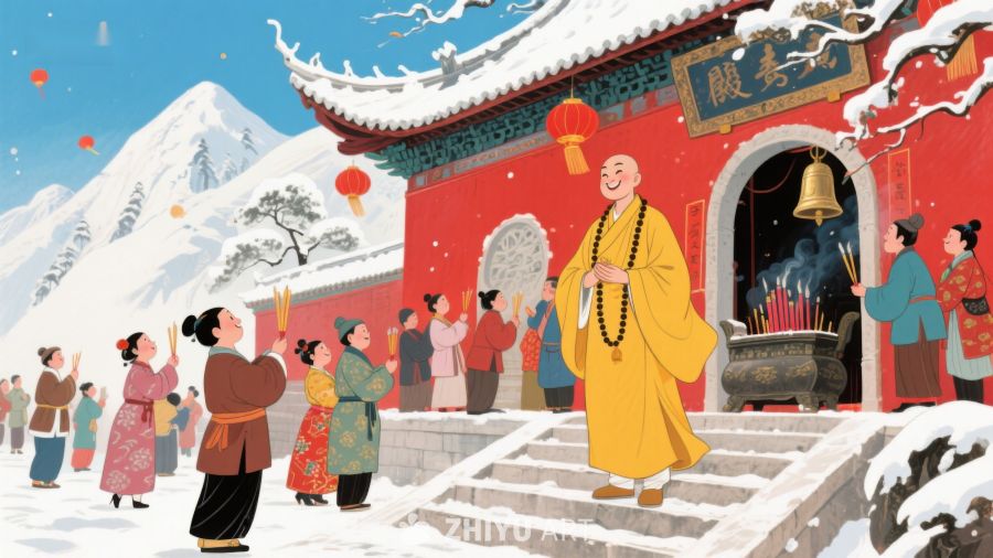 雪中寺庙前的祈福场景 1143