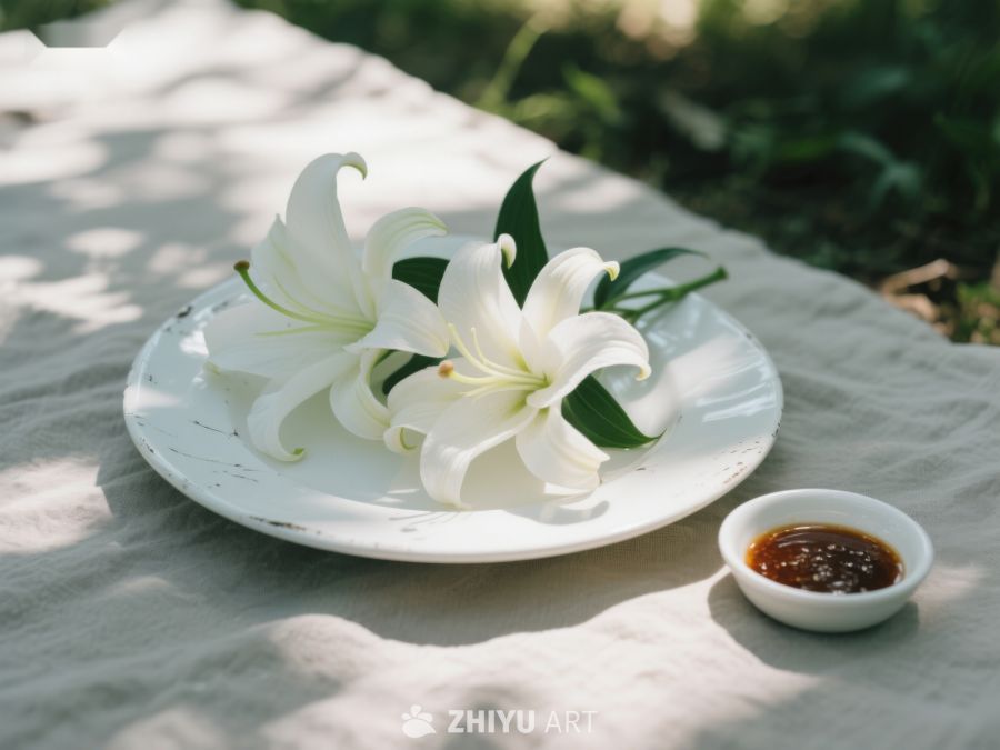 白百合与酱碟置于户外布上 2