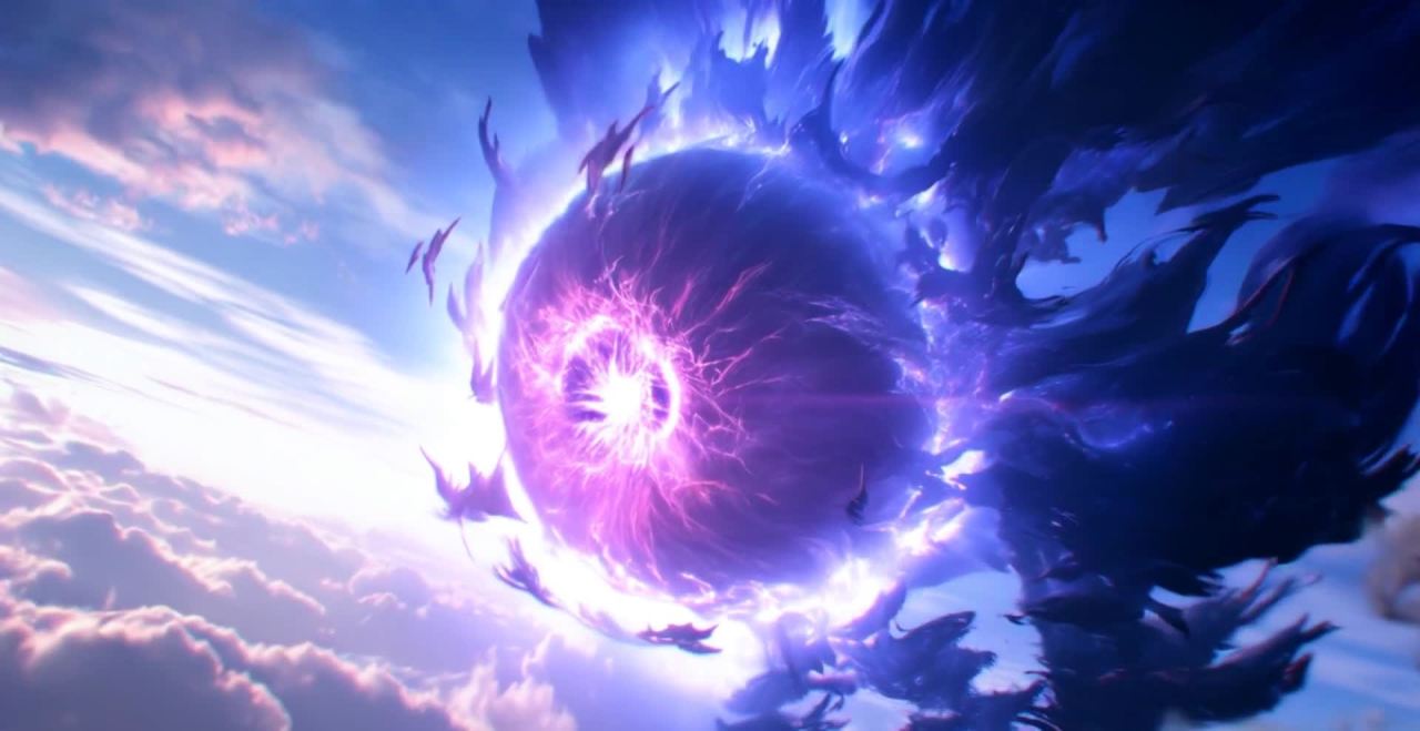 巨大能量球在天空爆发，紫色光芒与云雾交织