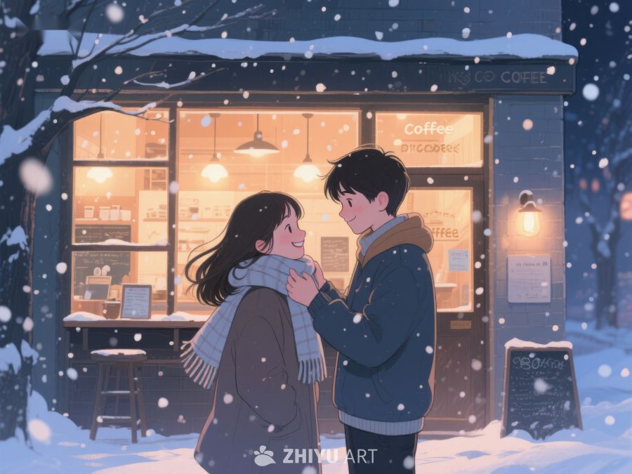 雪夜咖啡馆前的温馨时刻 983