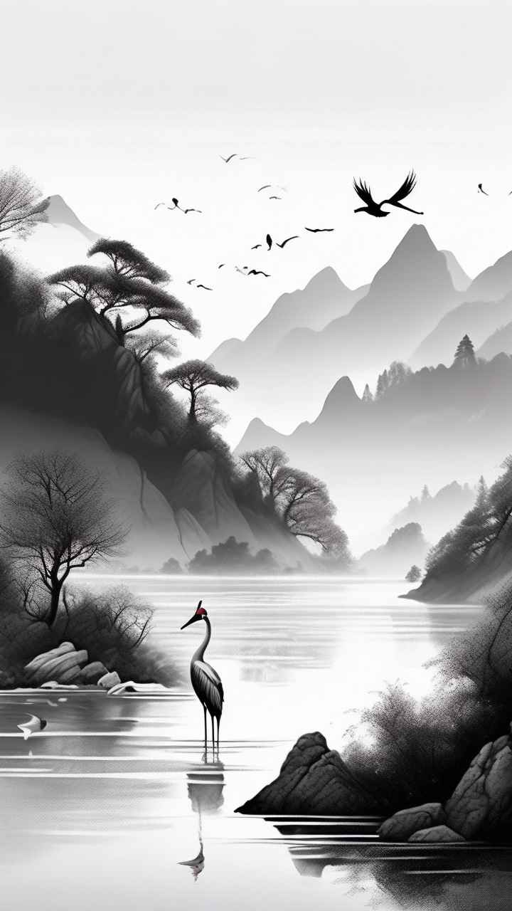 国风山水鹤插画背景 61