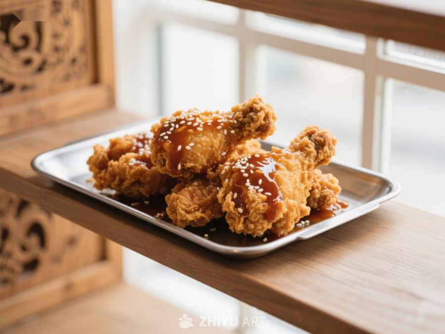 酥脆炸鸡配酱汁，摆放在木质窗台 1111