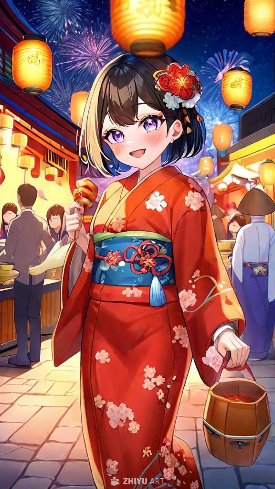 一个充满活力的日本村庄，装饰着为夜间节日准备的物品