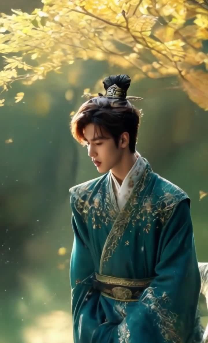 一位身着翠绿色古装的男子，头戴发饰，低头注视着前方