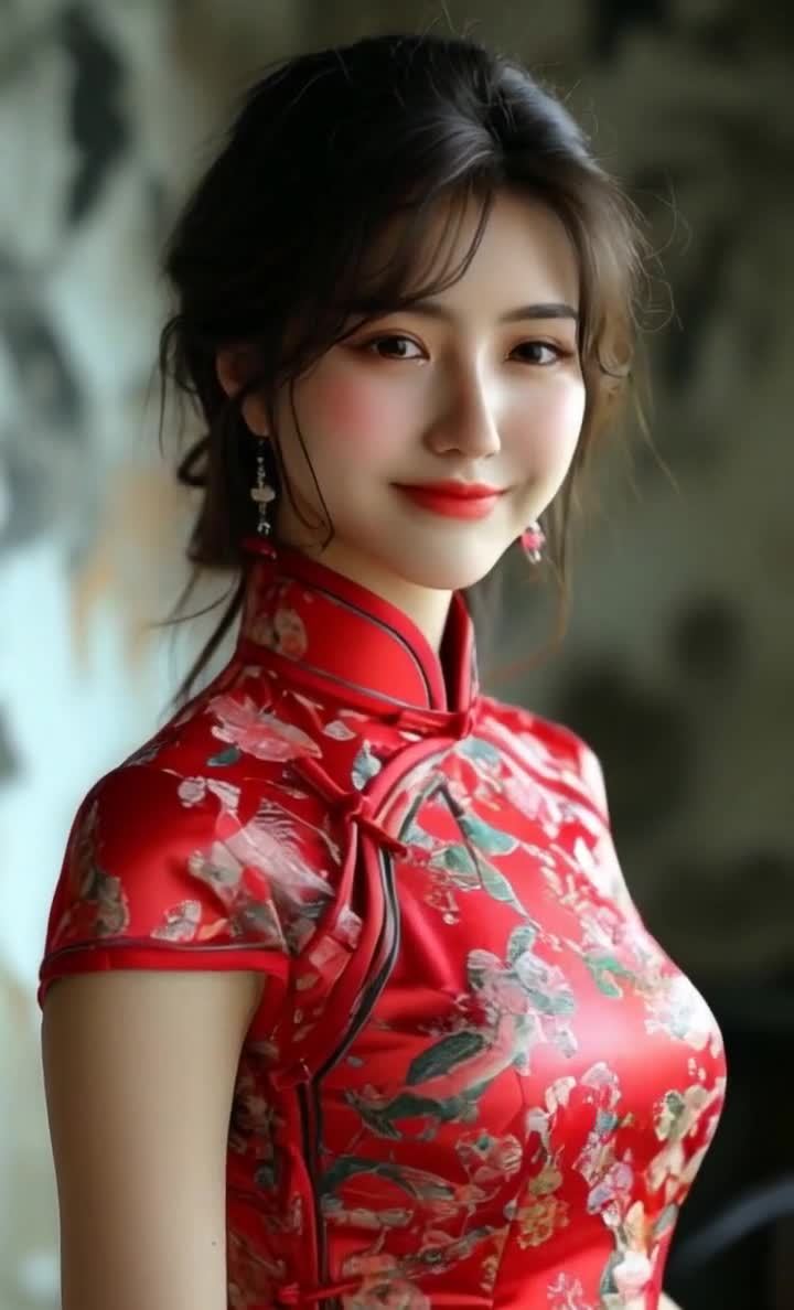 红唇深发花纹旗袍女子