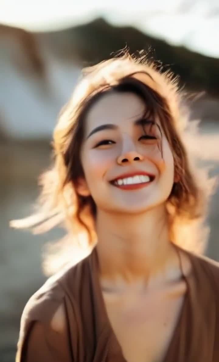 风中微笑的女子脸部特写，光影闪耀