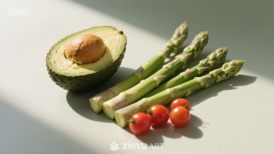 新鲜蔬菜组合：牛油果、芦笋与樱桃番茄