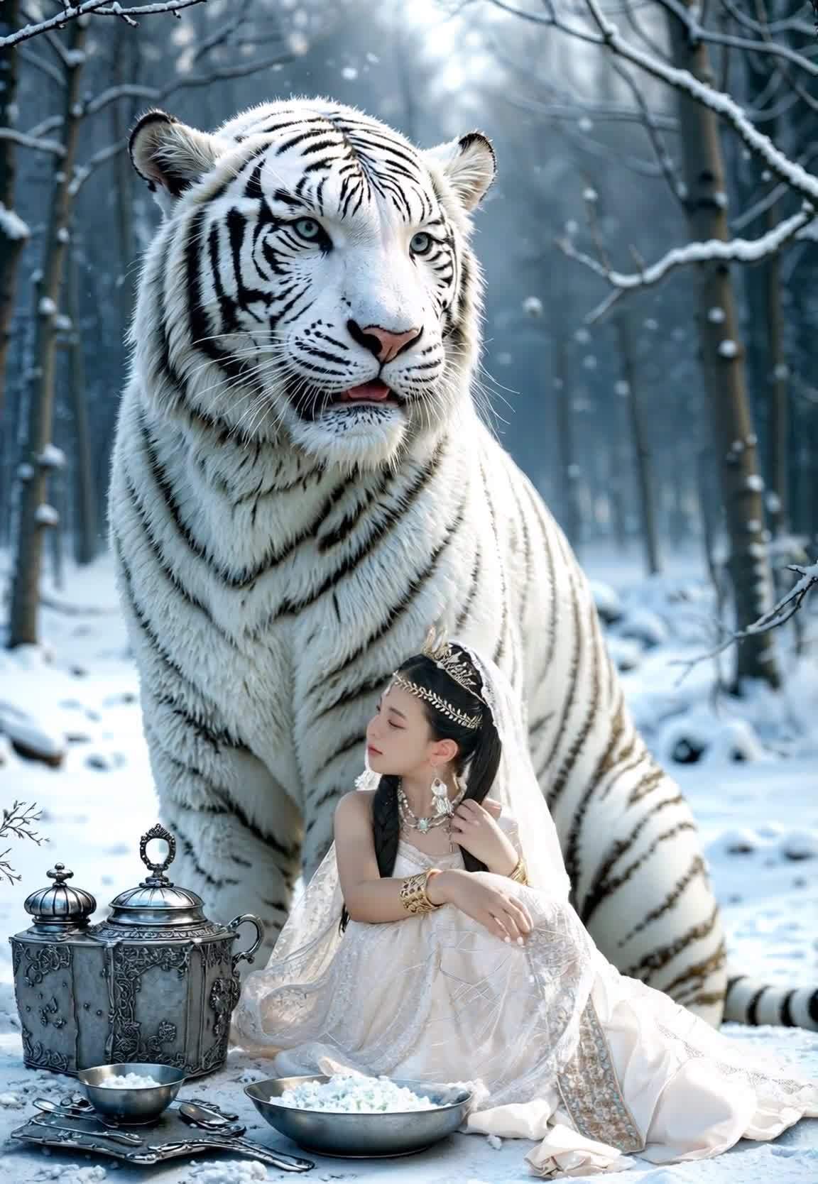 雪地中的女孩与白虎，梦幻般的童话世界