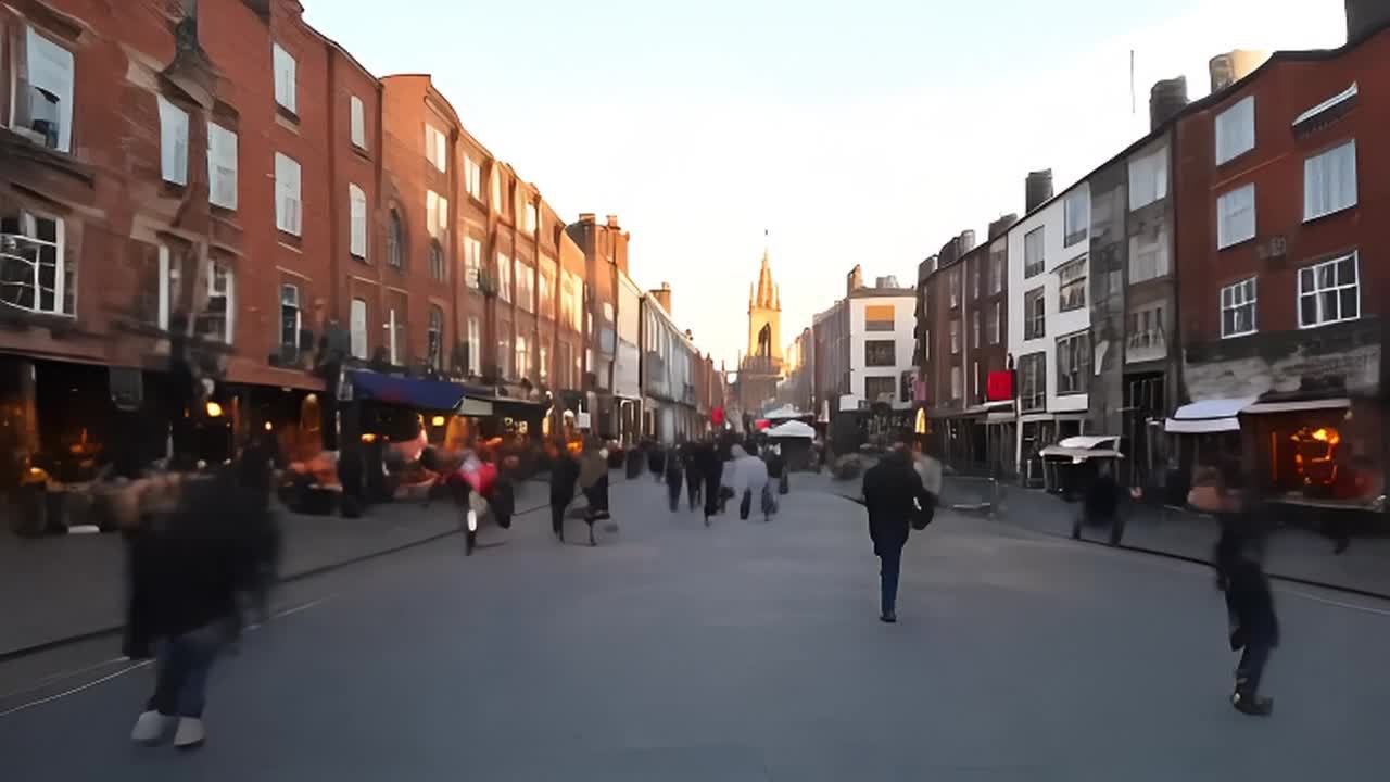 街道两旁是红砖建筑，建筑一楼有店铺，部分店铺有灯光