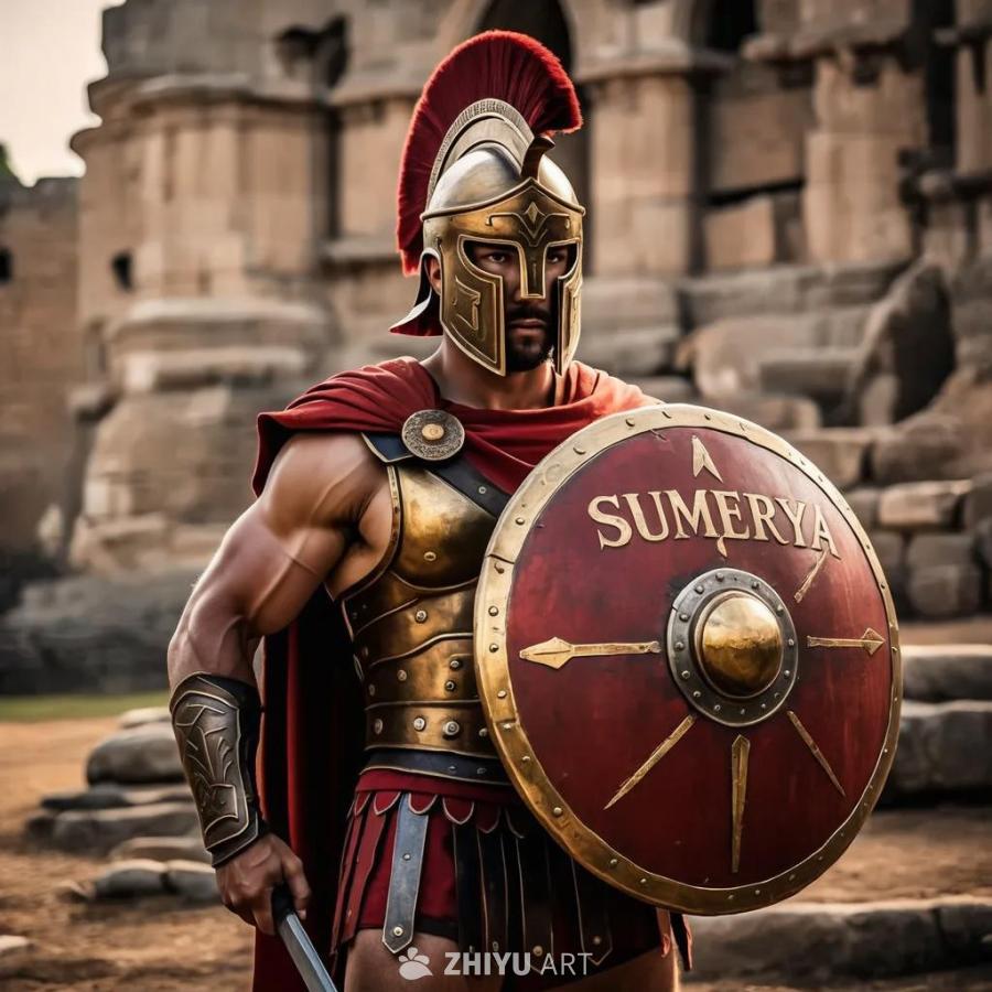 一个角斗士手持盾牌，盾牌上写着“SUMERYA”。