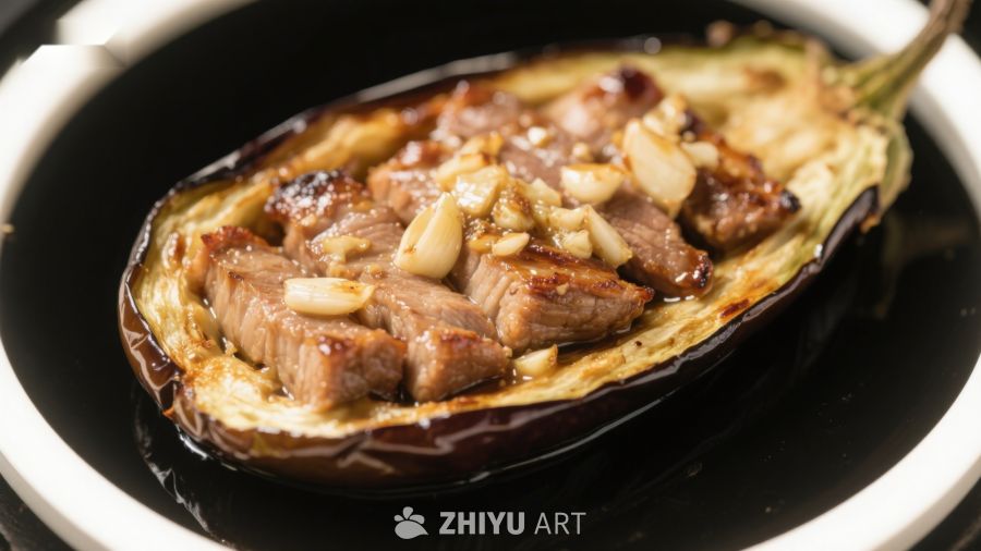 烤茄子配蒜香牛肉
