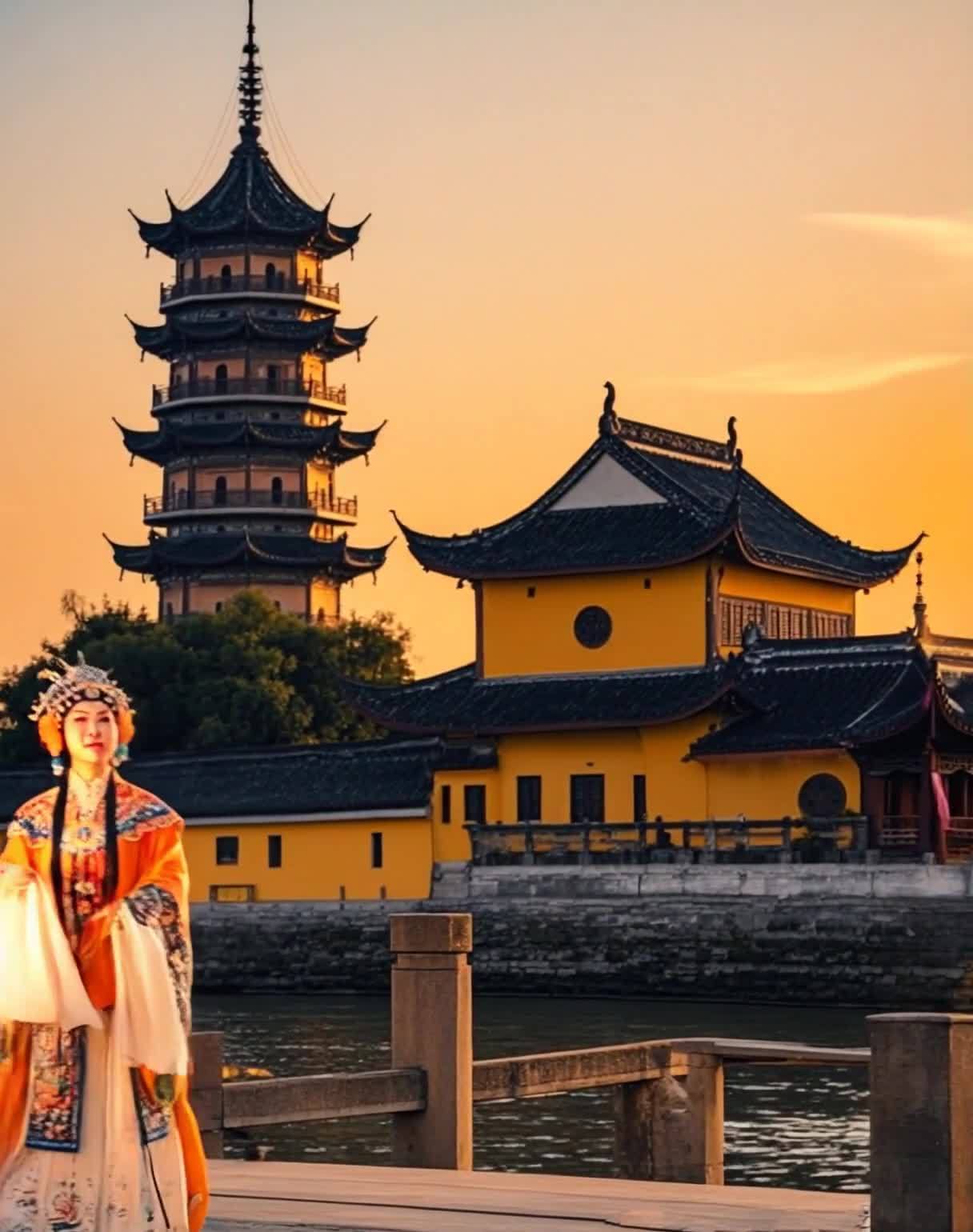 古装女子立桥头，宝塔黄墙夕阳景。