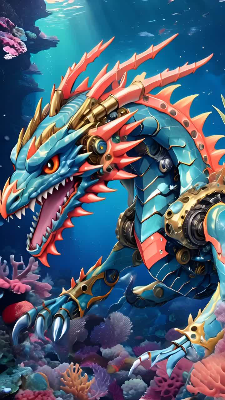 水下遨游着一条威严的蓝红相间的龙，它牙齿锋利弯曲，