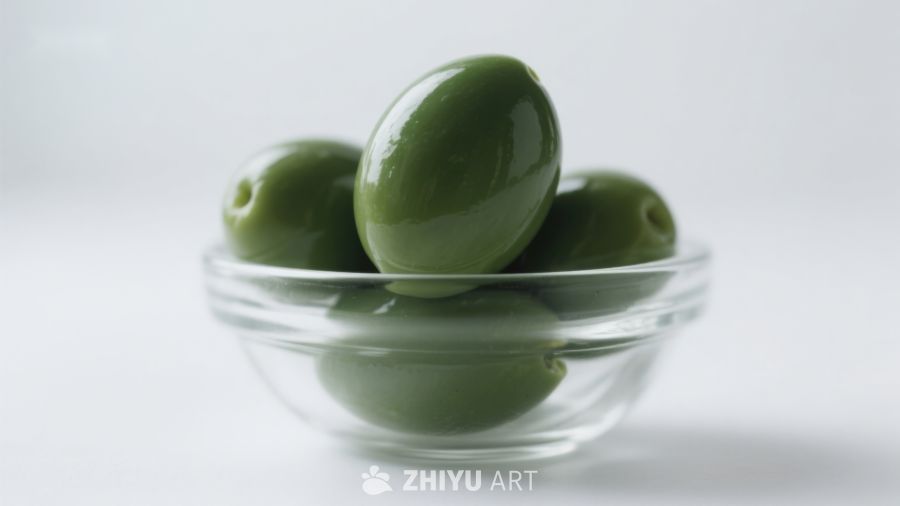 透明碗中的绿色橄榄