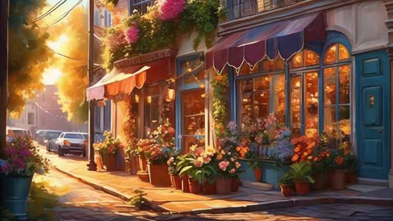 落日时分的街角边的花店插画 28