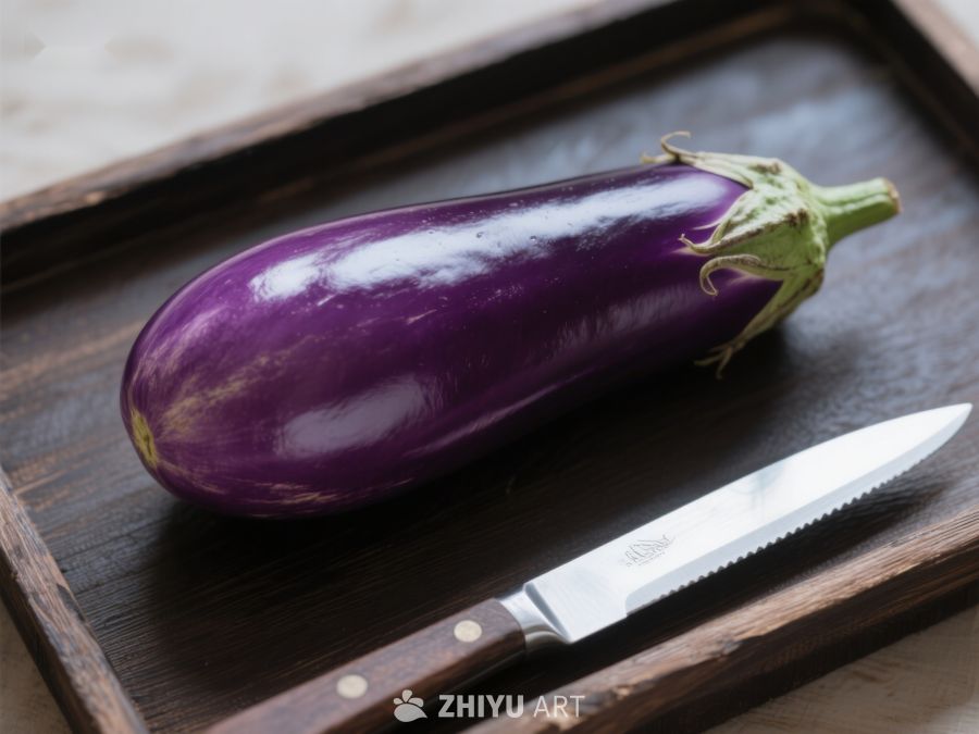 紫茄子与刀置于木盘 620