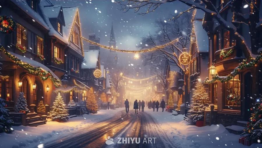 夜晚的街道被白雪覆盖，空中飘落着雪花。街道两旁的房