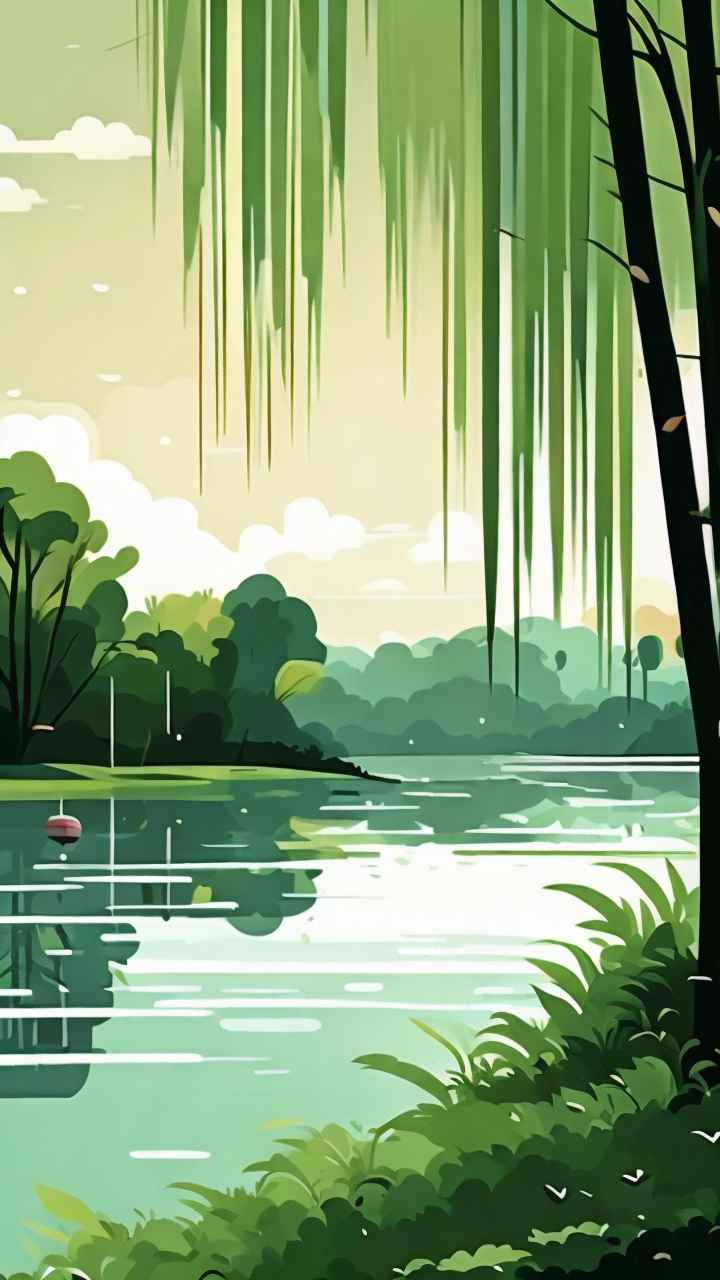 河边柳树插画风景图 21