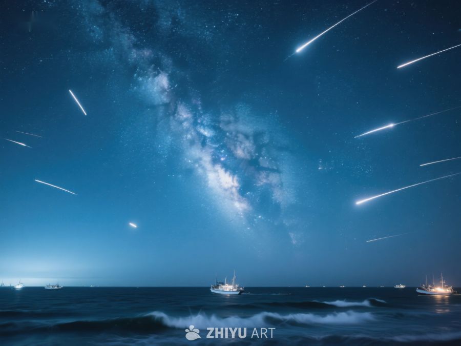 夜空流星划过，海面渔船静泊 256