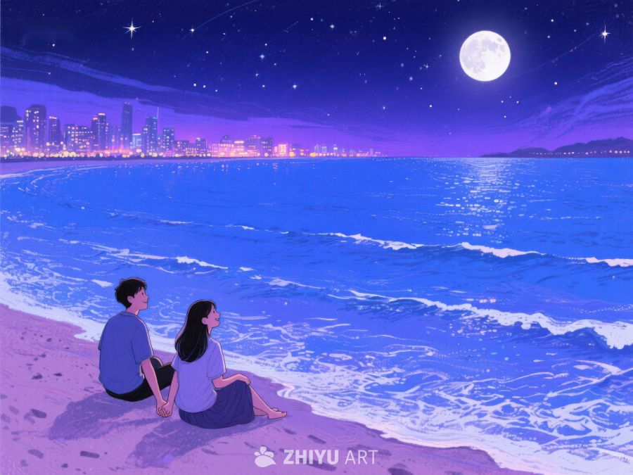 月下海滩情侣对望 1208