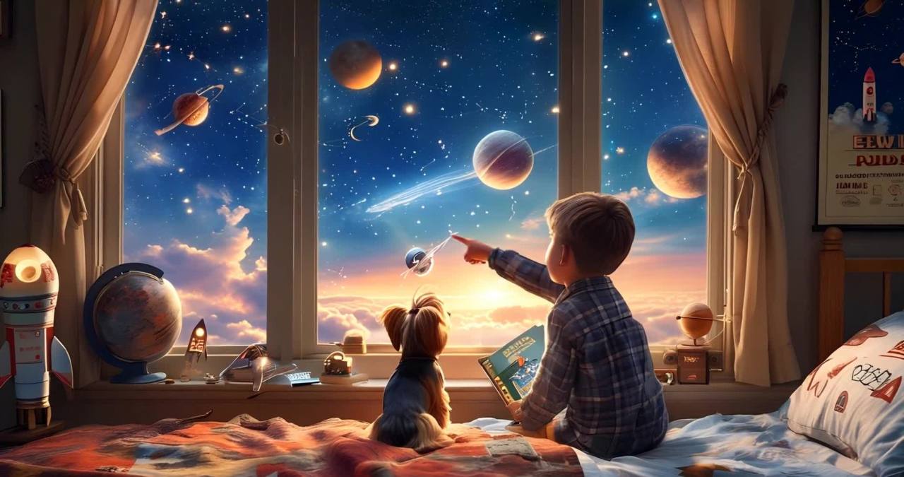 男孩与小狗共赏窗外星空幻想