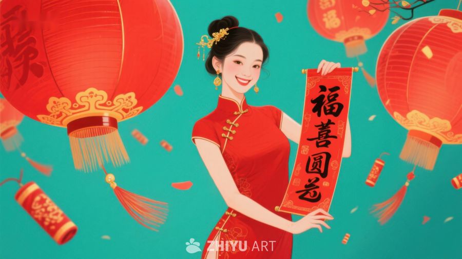 新春佳节，女子手持福字对联 1013