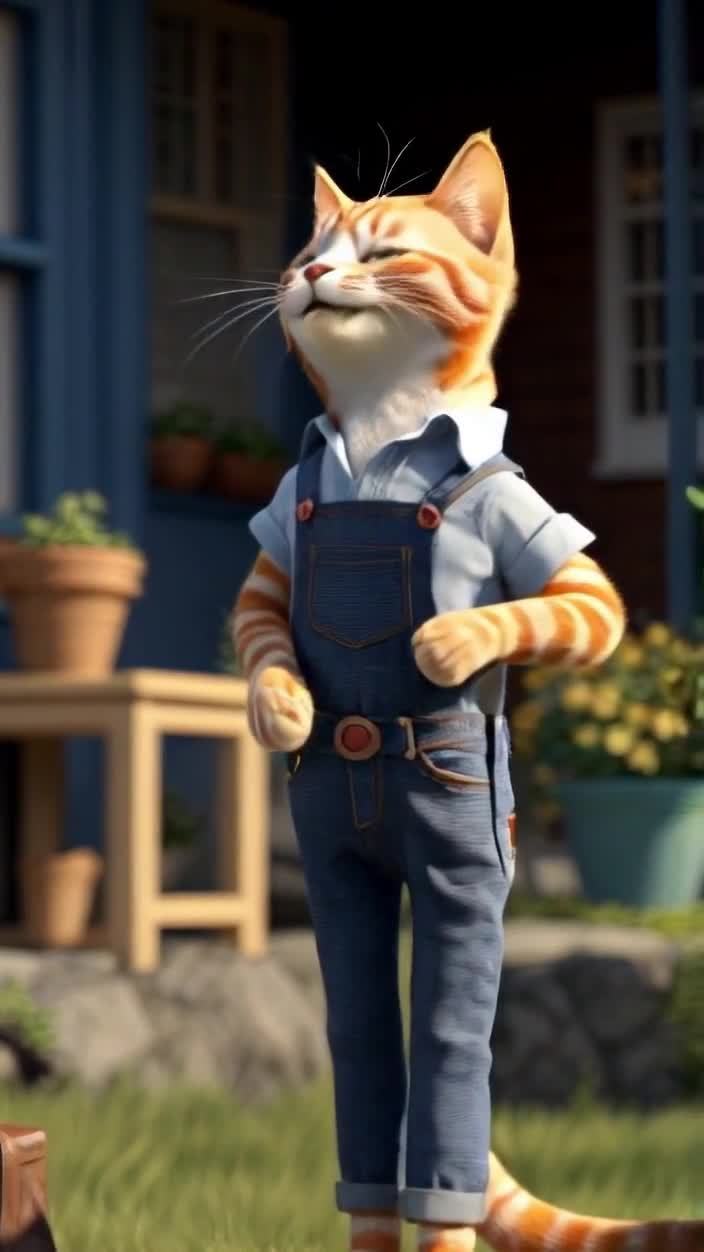 一只橘色和白色相间条纹的猫站立在草地上，它穿着一件