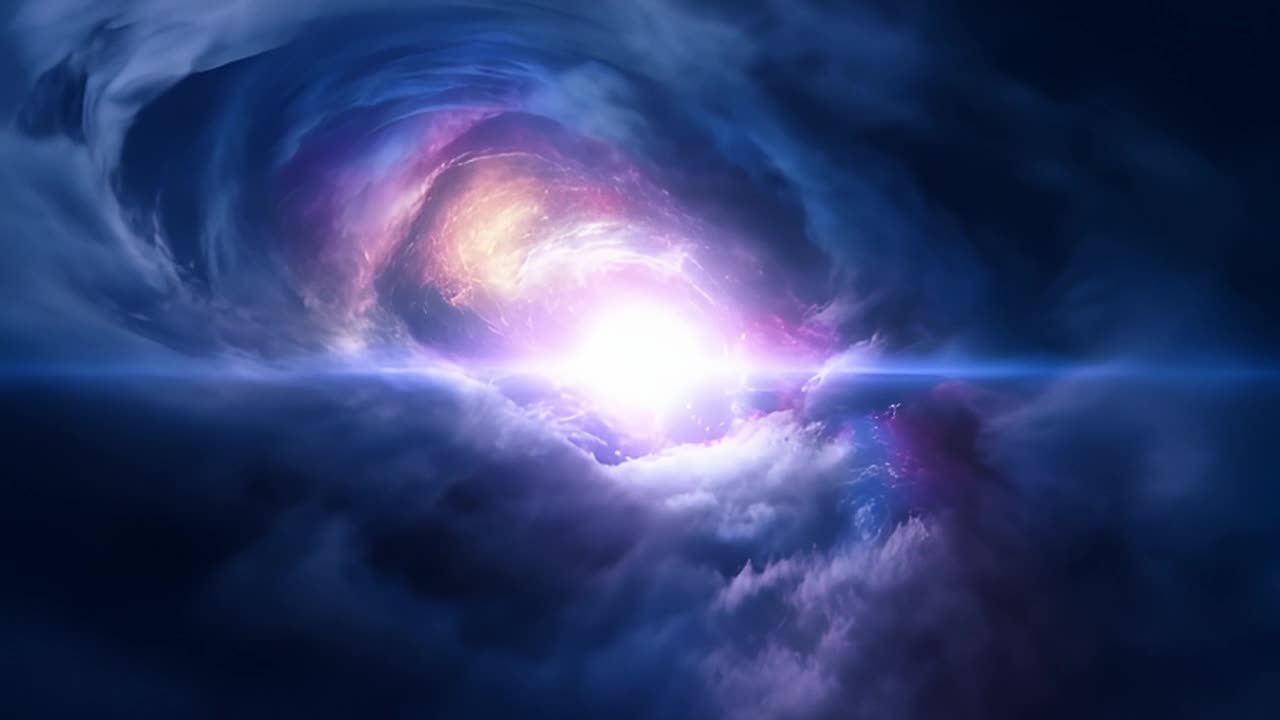 图像展示了一个壮观的宇宙事件，其中旋转的星云与神圣