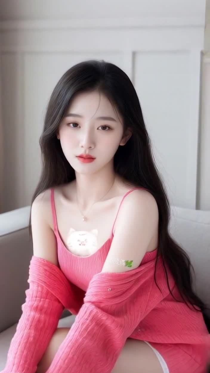 粉色系美貌女子沙发侧坐，长发猫咪图案，纹身项链。