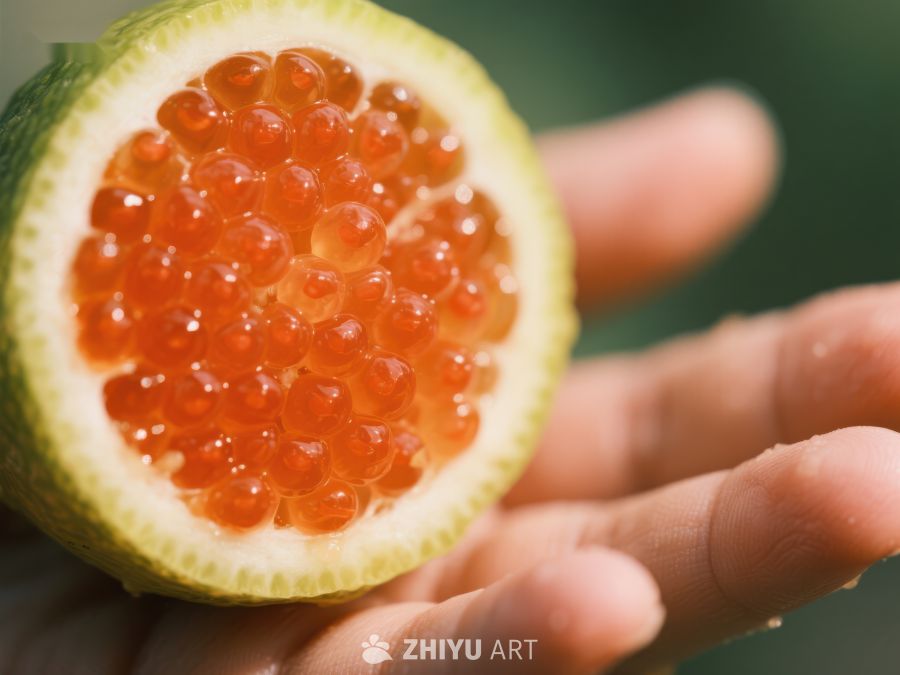 手握切开的果实，内部充满橙色小珠 520
