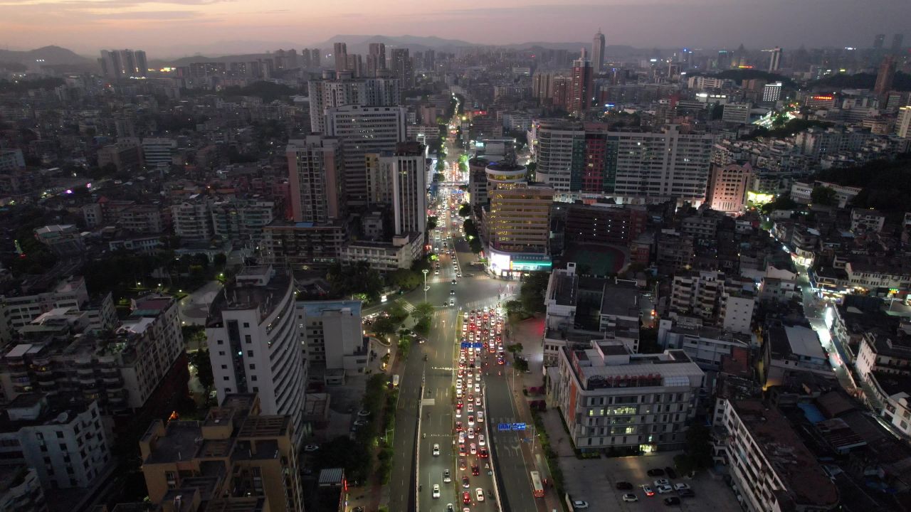 广东江门日落晚霞夜幕降临航拍