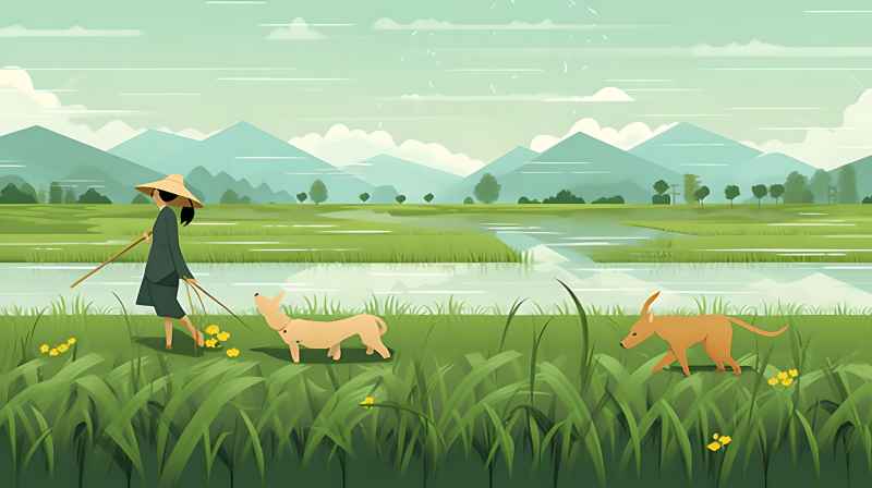 妇女站在稻田与狗，绿色插画风格 15