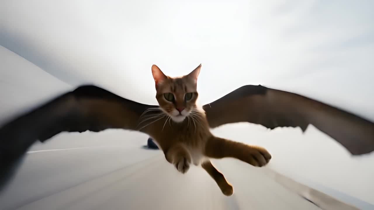 一只长着翅膀的猫正在高速公路上空飞行追赶一辆汽车。猫的毛发因为风速而飘扬起来。摄像机从下方跟随猫，然后切换到俯视图，看到猫在汽车上方盘旋。