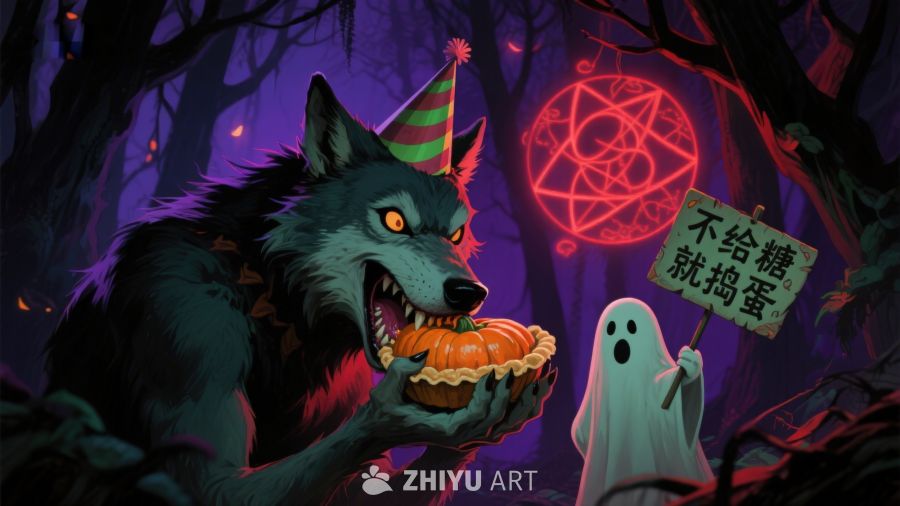 狼人手持南瓜灯，幽灵相伴森林夜景