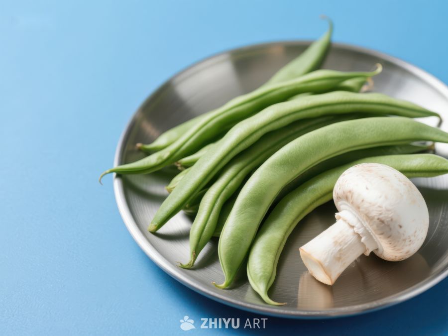 新鲜四季豆与蘑菇置于金属盘中 328