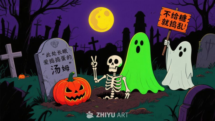 万圣节墓地场景：骷髅、幽灵与南瓜灯