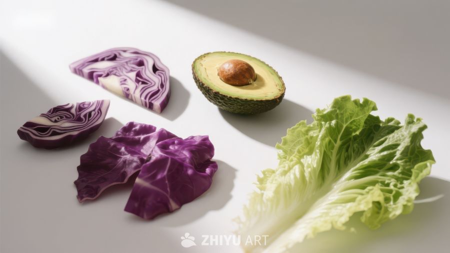 新鲜蔬菜：紫甘蓝、牛油果与生菜