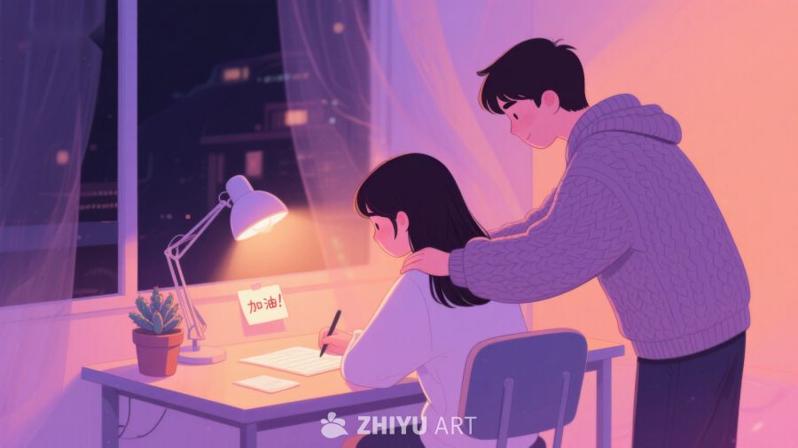 温馨夜景中，一人陪伴另一人学习 492