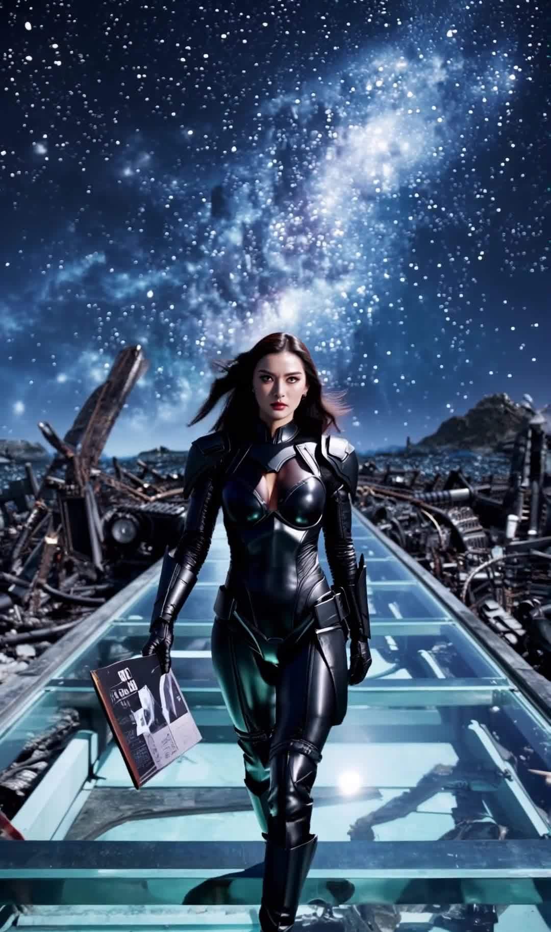 废墟星空下的黑甲女与文件包