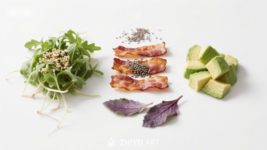 新鲜食材组合：生菜、培根、牛油果与香草