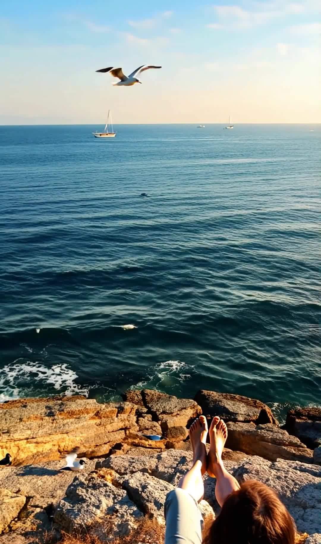 海边岩石上的人，海鸥、帆船和蓝色海洋。