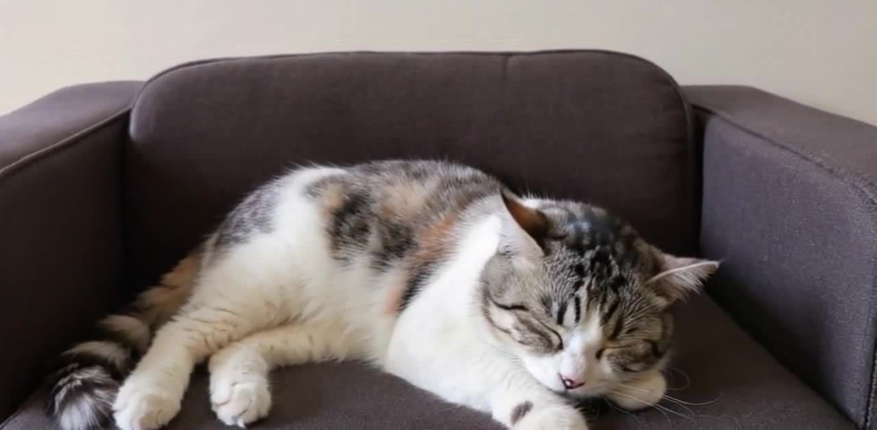 猫咪在灰色沙发上小憩/熟睡的猫咪/沙发上睡觉的猫