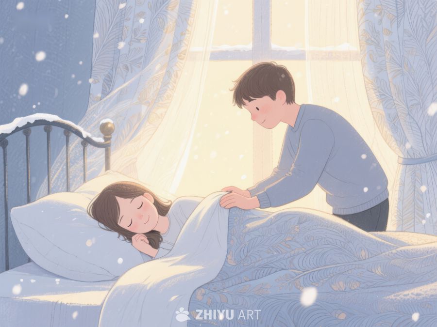 温馨晨光中，男孩轻抚熟睡女孩的额头 697