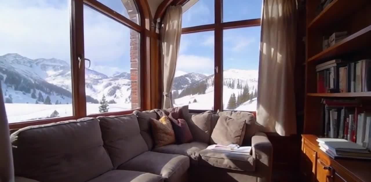 室内雪山景观，沙发书柜，阳光透过窗户照入。