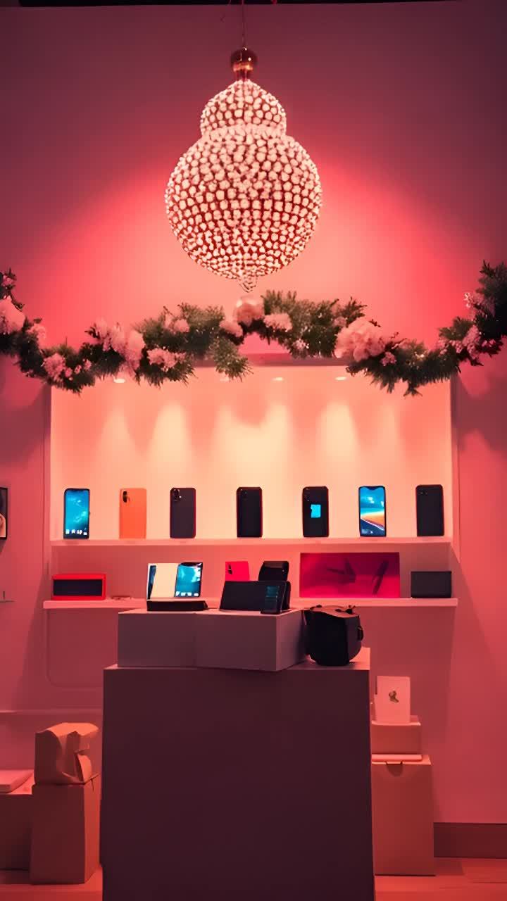 一个商店的橱窗展示，橱窗上装饰着花环，丝带和闪烁的