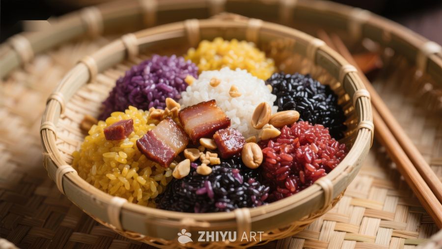 五彩糯米饭配腊肉与花生