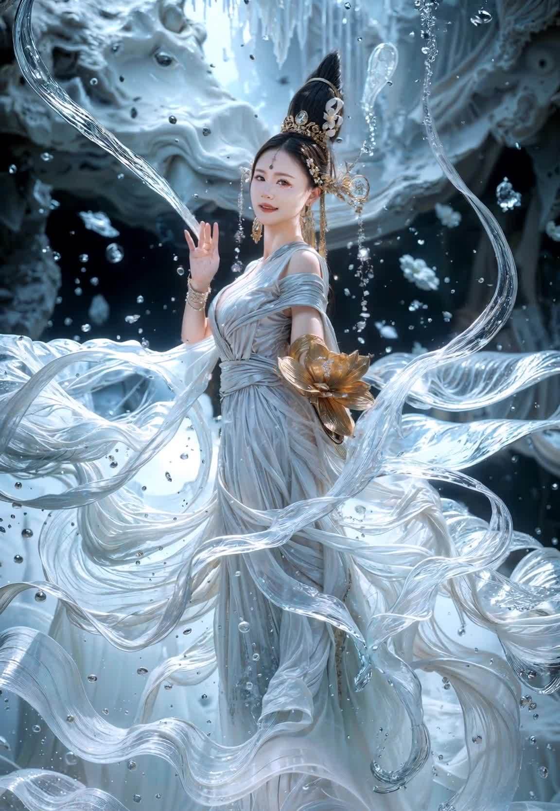 一位女子缓慢看向镜头。画面中，女子身着银色长裙，头