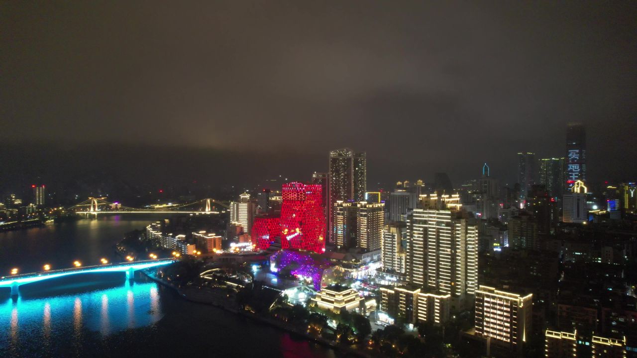 广西柳州市中心夜景灯光航拍 
