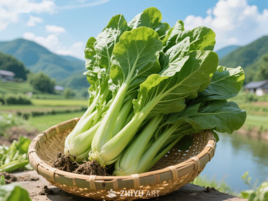新鲜青菜置于竹篮中，背景为田园风光 277