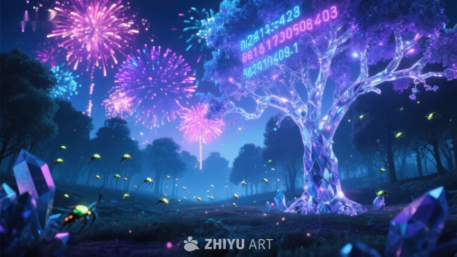 梦幻森林中的数字之树与烟花 256